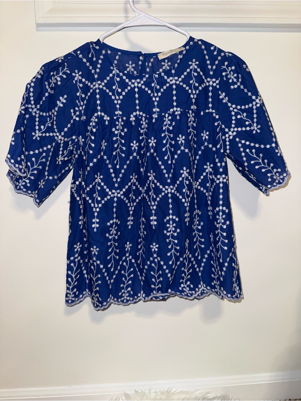 Blue Embroidered Short Sleeve Women's Top